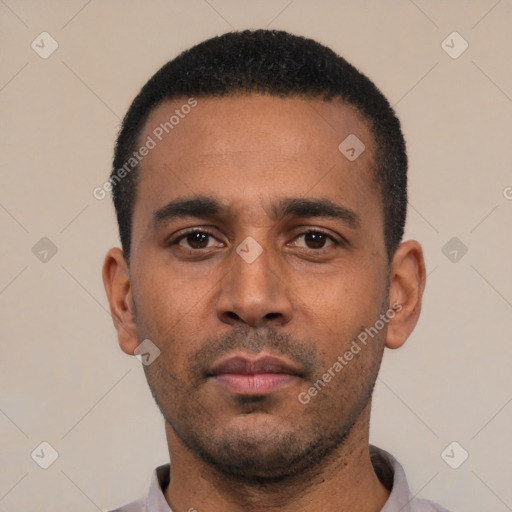 Neutral latino young-adult male with short  black hair and brown eyes