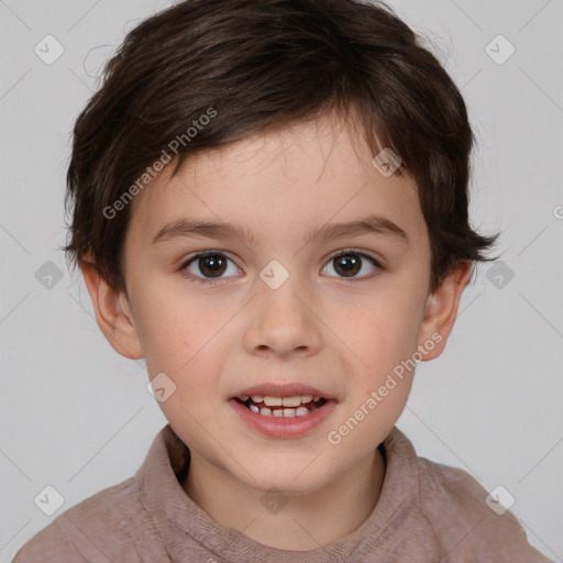 Joyful white child male with short  brown hair and brown eyes