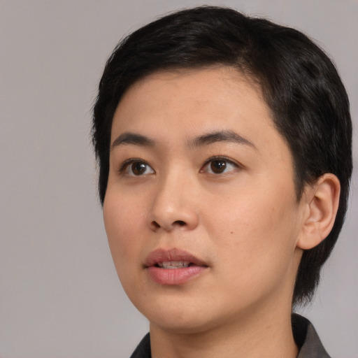 Neutral white young-adult female with medium  black hair and brown eyes
