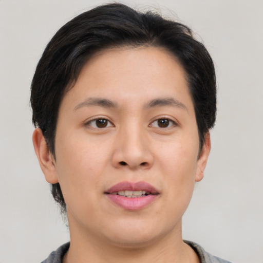 Joyful asian young-adult female with short  brown hair and brown eyes