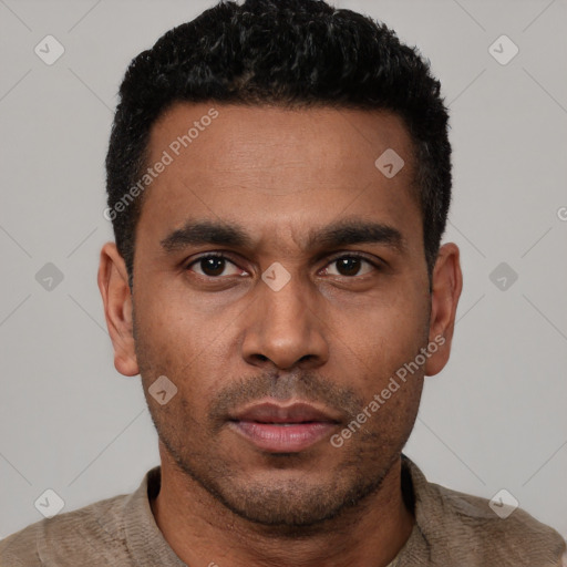 Neutral latino young-adult male with short  black hair and brown eyes