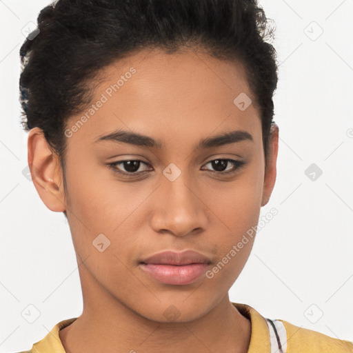 Joyful latino young-adult female with short  brown hair and brown eyes