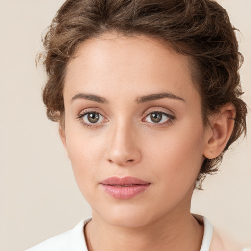 Neutral white young-adult female with short  brown hair and brown eyes