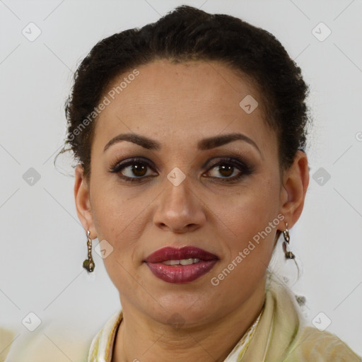 Joyful latino adult female with short  brown hair and brown eyes