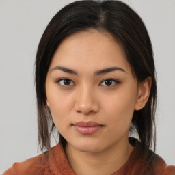 Neutral asian young-adult female with long  brown hair and brown eyes