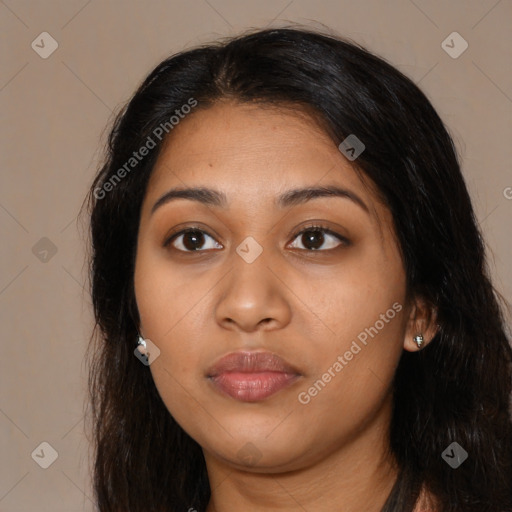 Neutral latino young-adult female with long  brown hair and brown eyes