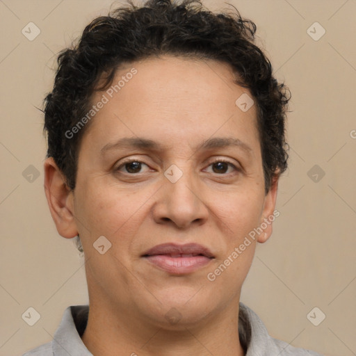 Joyful white adult female with short  brown hair and brown eyes