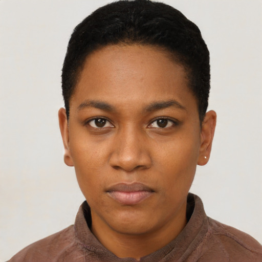 Neutral black young-adult female with short  black hair and brown eyes