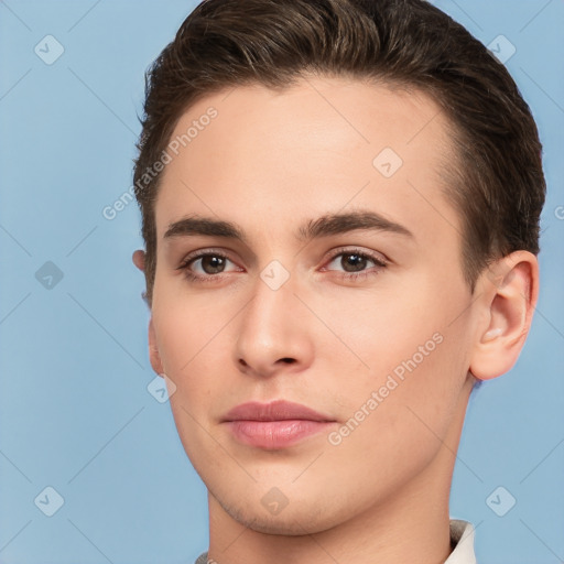 Neutral white young-adult male with short  brown hair and brown eyes