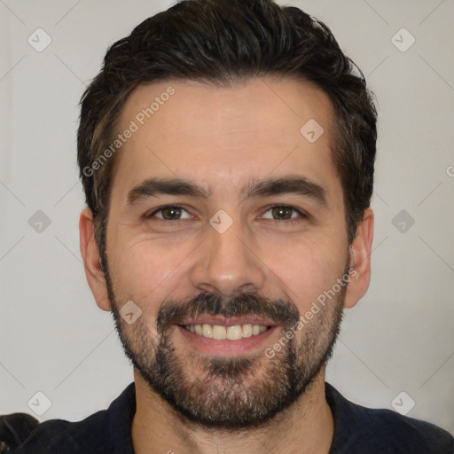 Joyful white young-adult male with short  black hair and brown eyes