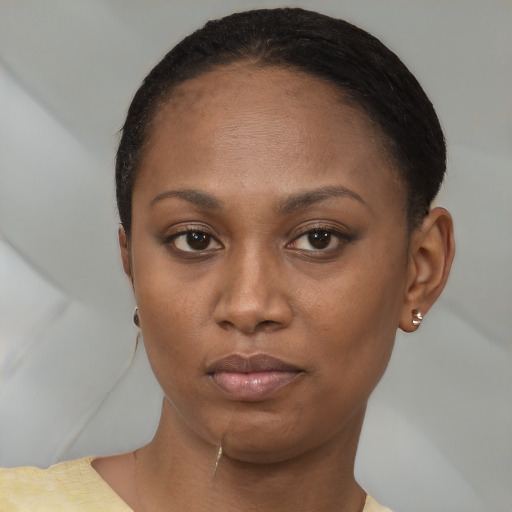 Neutral black young-adult female with short  brown hair and brown eyes