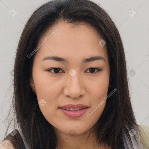 Joyful asian young-adult female with long  brown hair and brown eyes