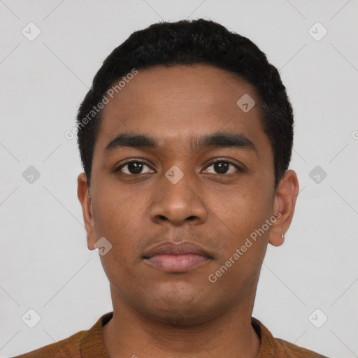 Neutral black young-adult male with short  black hair and brown eyes