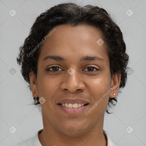 Joyful latino young-adult female with short  brown hair and brown eyes