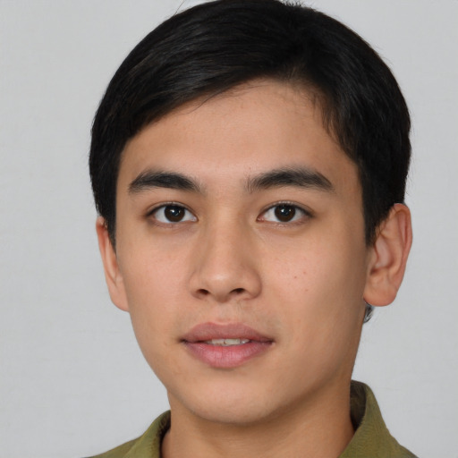 Neutral asian young-adult male with short  brown hair and brown eyes