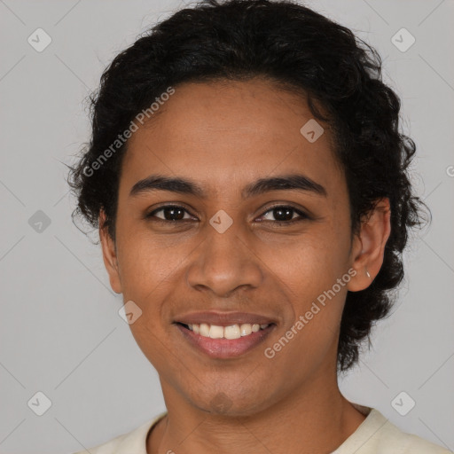 Joyful latino young-adult female with short  black hair and brown eyes