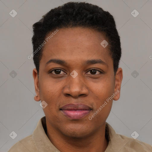 Joyful black young-adult female with short  black hair and brown eyes