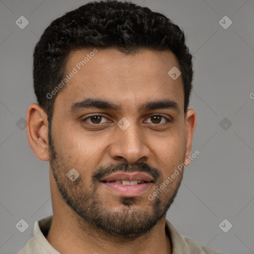Neutral latino young-adult male with short  brown hair and brown eyes
