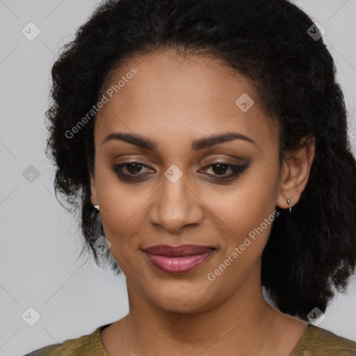 Joyful latino young-adult female with medium  black hair and brown eyes