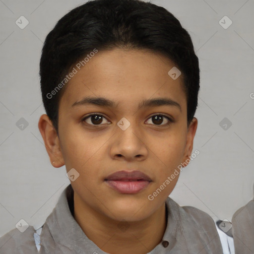 Joyful latino young-adult female with short  brown hair and brown eyes