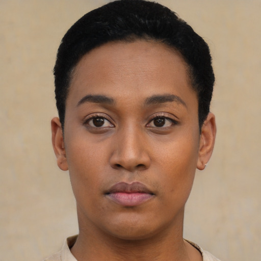 Neutral latino young-adult female with short  black hair and brown eyes