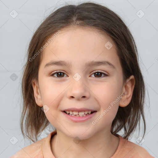 Joyful white child female with medium  brown hair and brown eyes