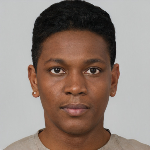Neutral black young-adult male with short  black hair and brown eyes
