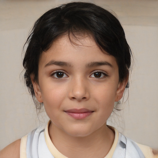 Joyful white child female with medium  brown hair and brown eyes