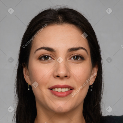 Joyful white young-adult female with long  brown hair and brown eyes