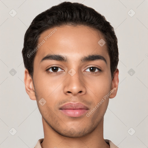 Neutral latino young-adult male with short  black hair and brown eyes