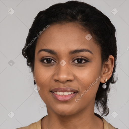 Joyful latino young-adult female with long  black hair and brown eyes