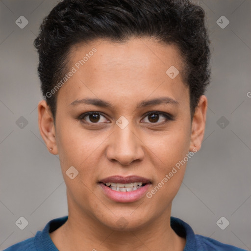 Joyful white young-adult female with short  brown hair and brown eyes