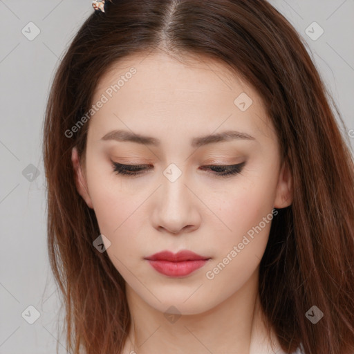 Neutral white young-adult female with long  brown hair and brown eyes