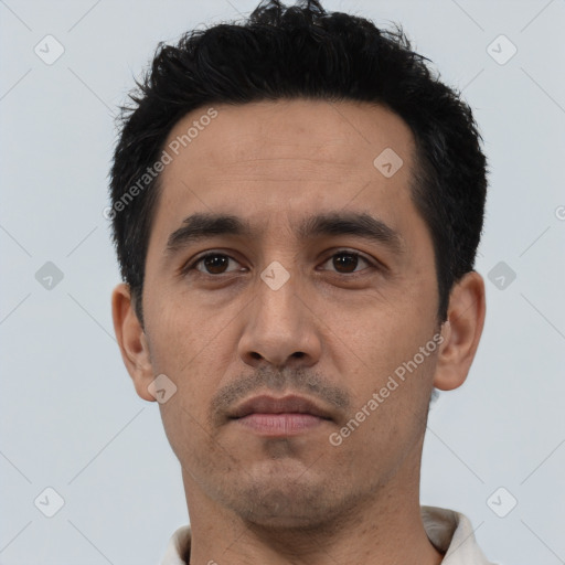 Neutral latino young-adult male with short  black hair and brown eyes