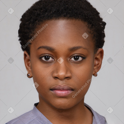 Neutral black young-adult female with short  black hair and brown eyes