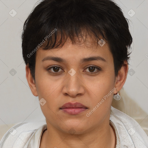 Neutral white young-adult female with short  brown hair and brown eyes