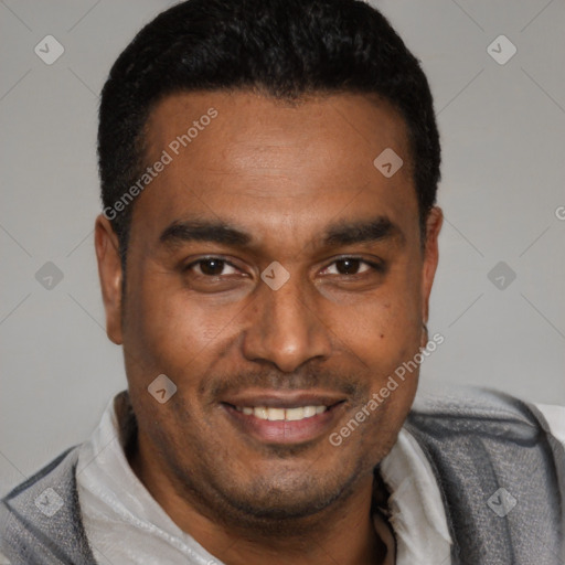 Joyful latino young-adult male with short  black hair and brown eyes