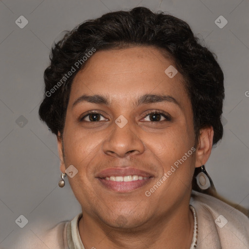 Joyful white adult female with short  brown hair and brown eyes