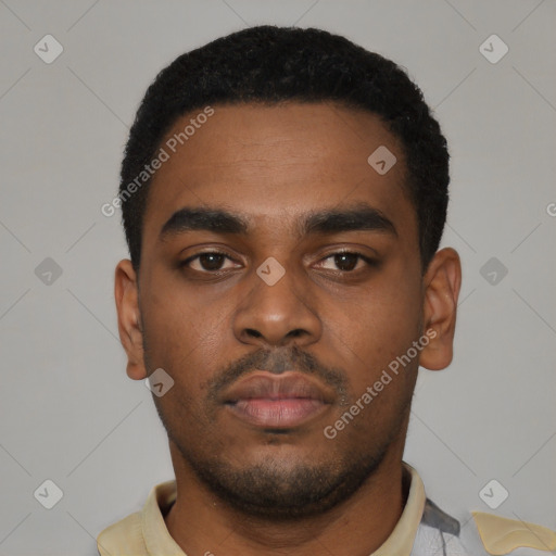 Neutral latino young-adult male with short  black hair and brown eyes