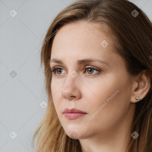 Neutral white young-adult female with long  brown hair and brown eyes