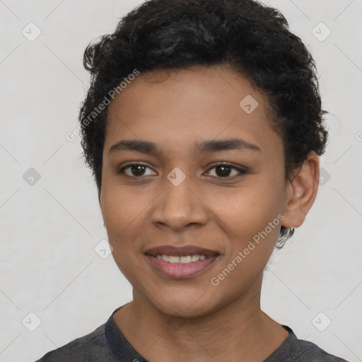 Joyful latino young-adult female with short  black hair and brown eyes