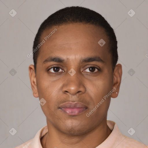 Neutral black young-adult male with short  brown hair and brown eyes