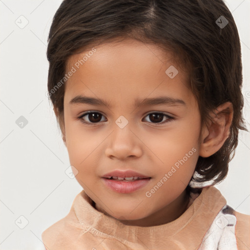 Joyful white child female with medium  brown hair and brown eyes