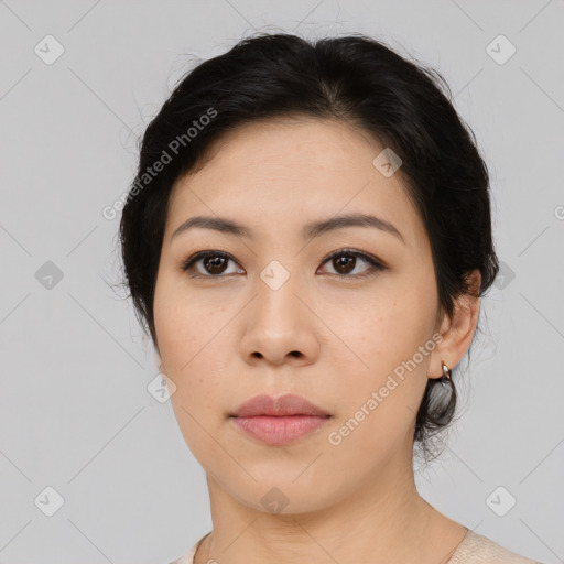 Neutral asian young-adult female with medium  black hair and brown eyes