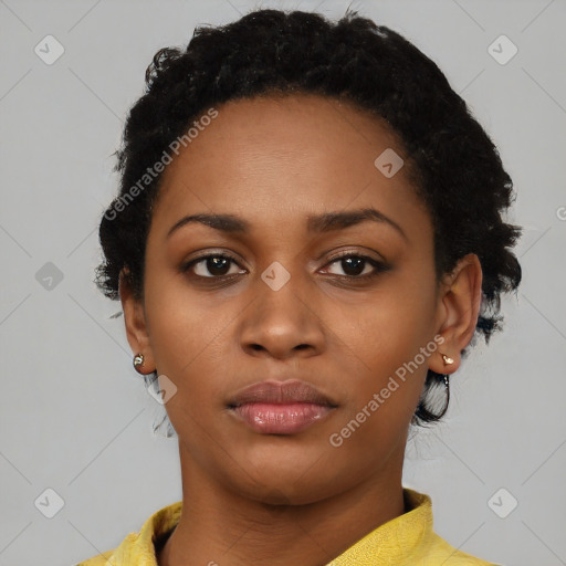 Neutral black young-adult female with short  black hair and brown eyes