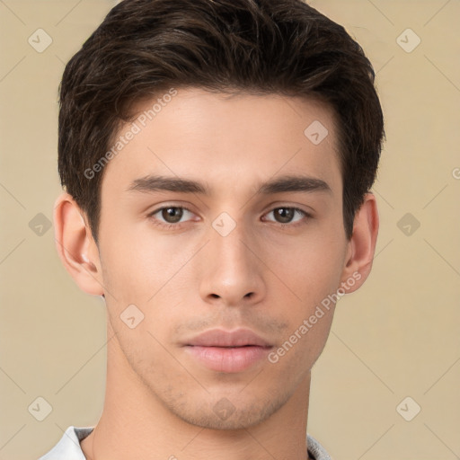 Neutral white young-adult male with short  brown hair and brown eyes