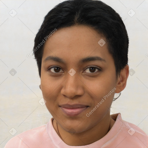 Joyful latino young-adult female with short  black hair and brown eyes