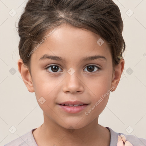 Joyful white child female with short  brown hair and brown eyes