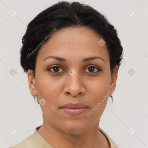 Joyful latino young-adult female with short  brown hair and brown eyes