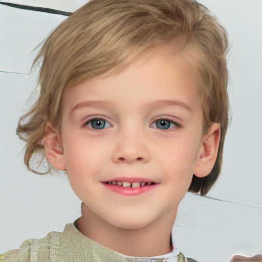 Joyful white child female with medium  brown hair and grey eyes